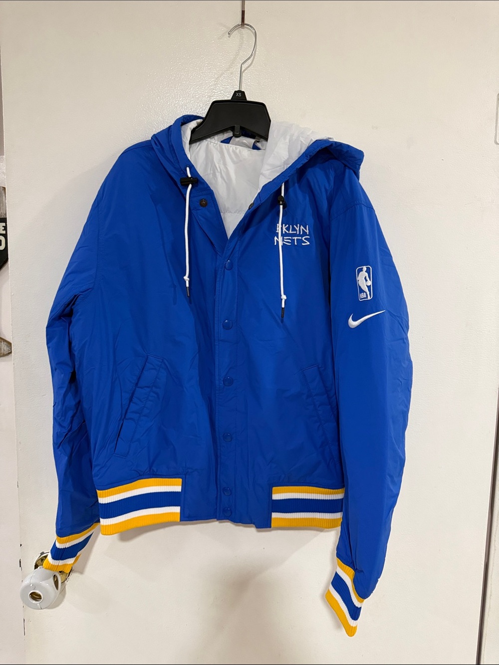 Nike Blue Brooklyn Nets Hooded Bomber Jacket with Yellow-Striped Trim